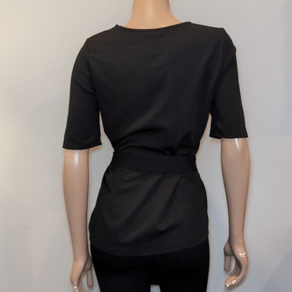 3/$20 Reitmans Tie Waist Blouse Short Sleeve Black Crew Neck Top Size Small - Picture 5 of 11